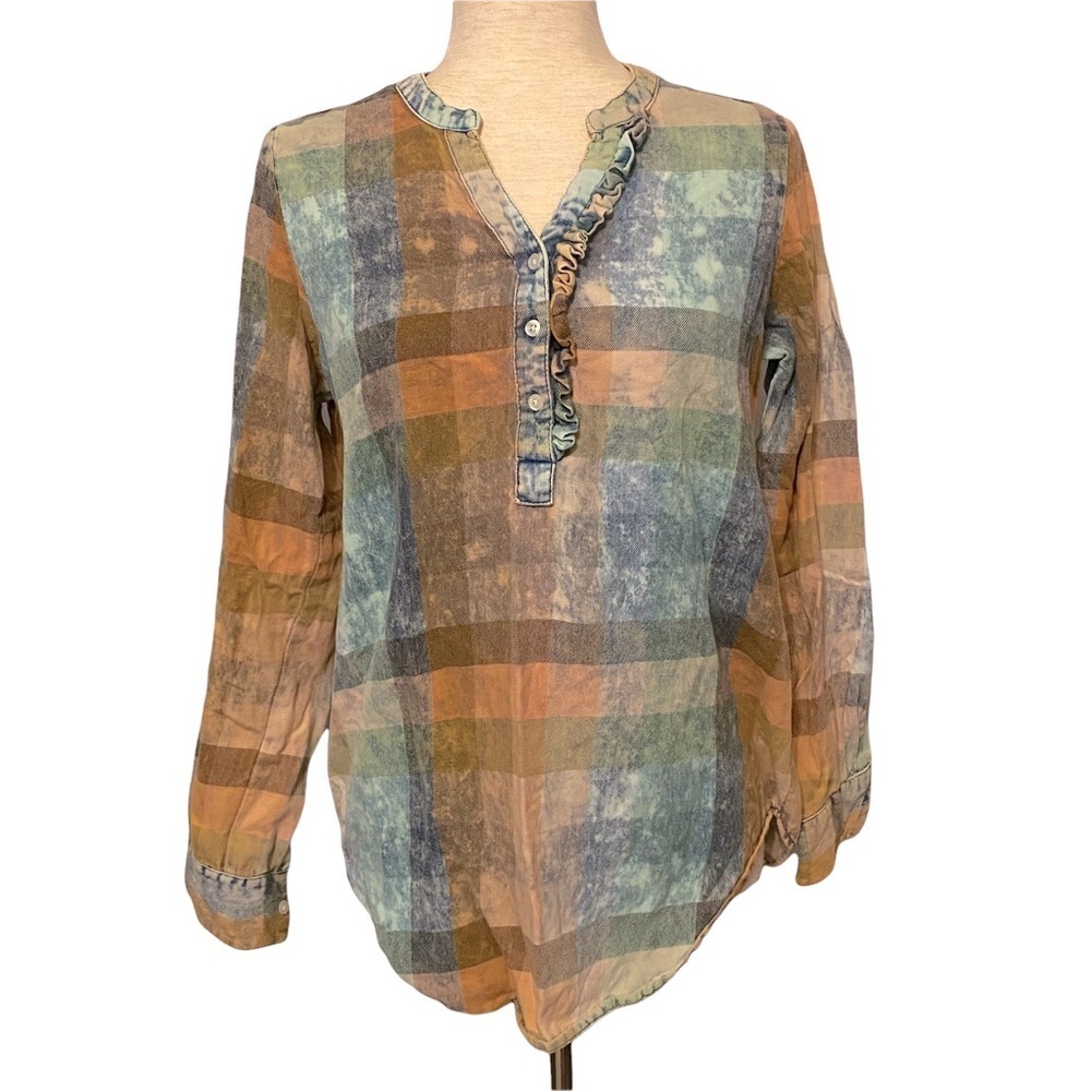 Isabella Sinclair Plaid Ruffle Henley Boho Western Cottage Prairie Blouse XS